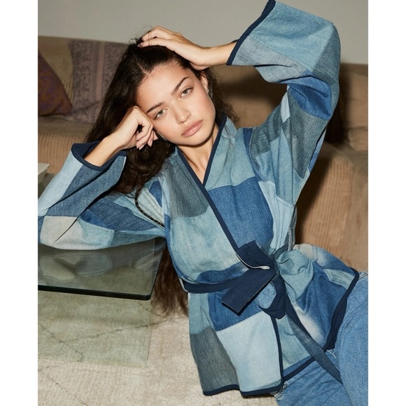 NWT Sissel Edelbo Free People Neo Leftover Patchwork Denim Jean Jacket Blue - Picture 11 of 17